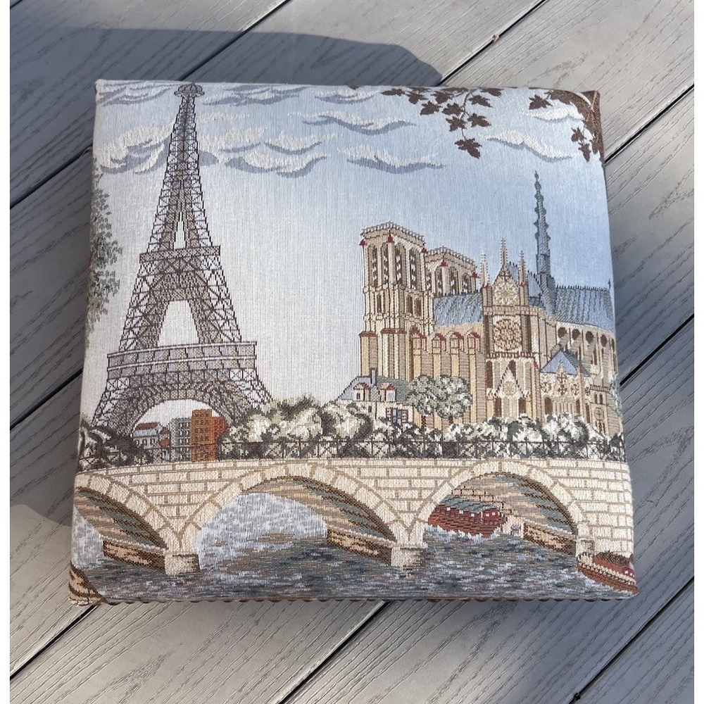 Vtg Wooden Footstool Paris Tapestry Fabric Cottagecore Décor Ottoman Button Legs